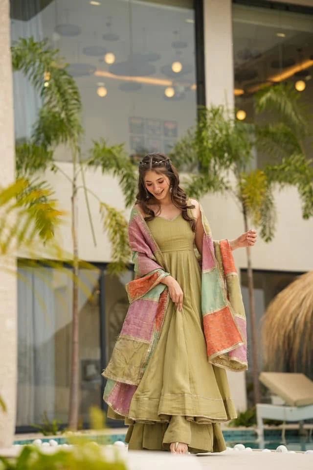 Mehendi Elevate your style stunning Flame Anarkali Suit