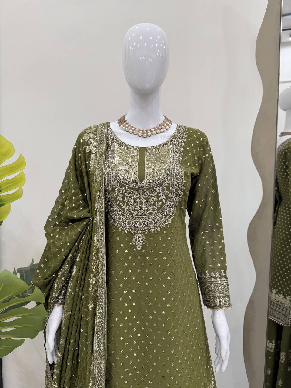 Mehendi Faux Georgette Embroidered Sharara Set with Lace Border Dupatta