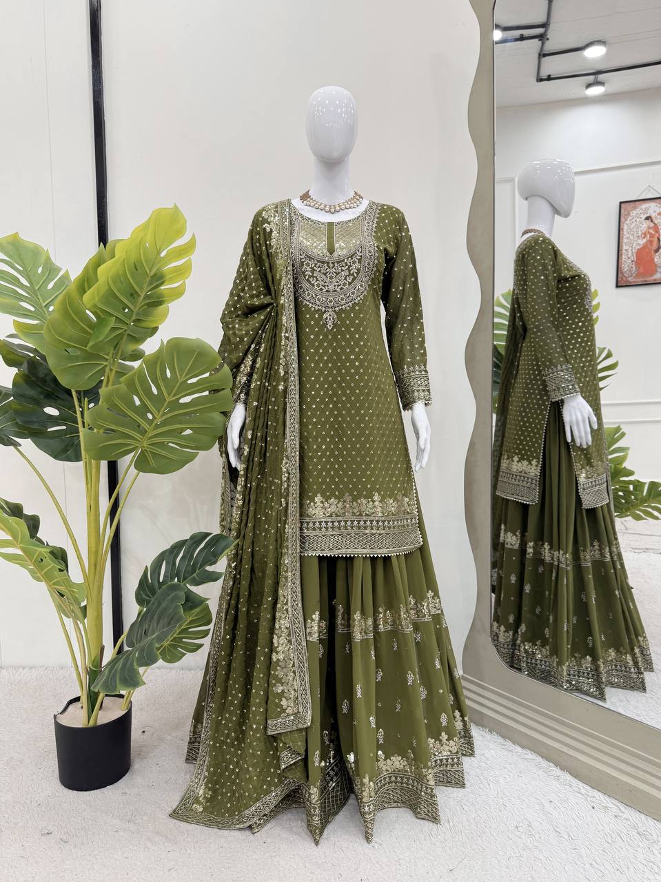 Mehendi Faux Georgette Embroidered Sharara Set with Lace Border Dupatta