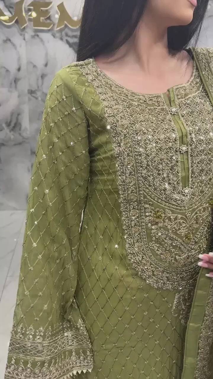 Mehendi Faux Georgette Embroidered Sharara Set with Lace Border Dupatta