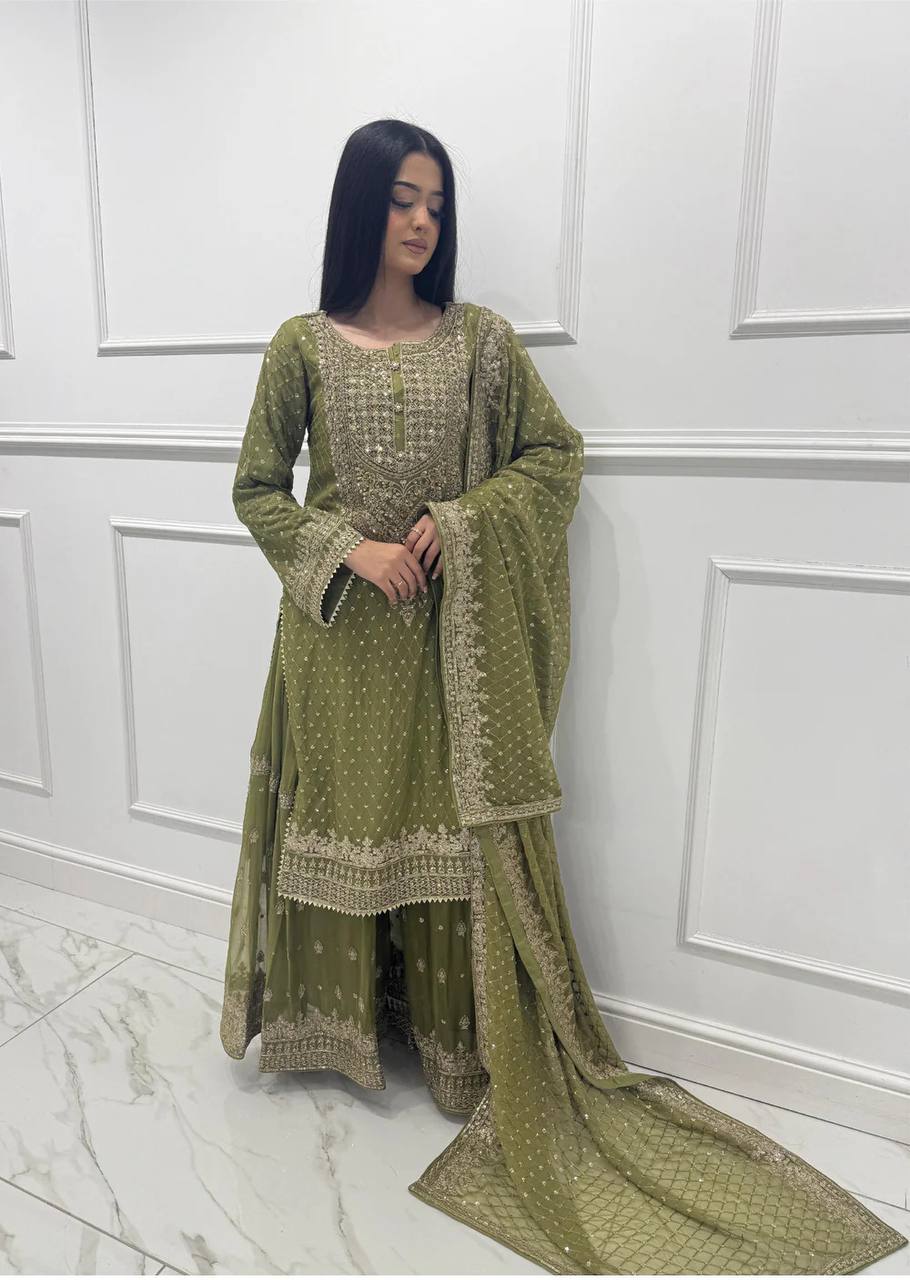 Mehendi Faux Georgette Embroidered Sharara Set with Lace Border Dupatta