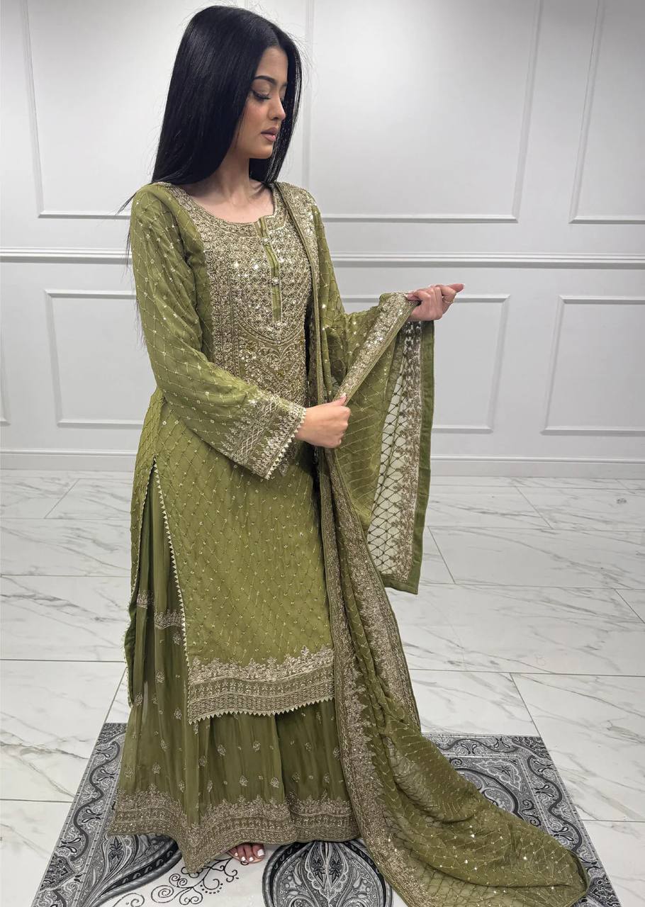 Mehendi Faux Georgette Embroidered Sharara Set with Lace Border Dupatta