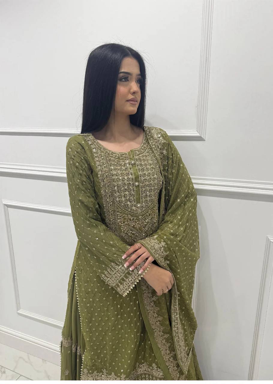 Mehendi Faux Georgette Embroidered Sharara Set with Lace Border Dupatta
