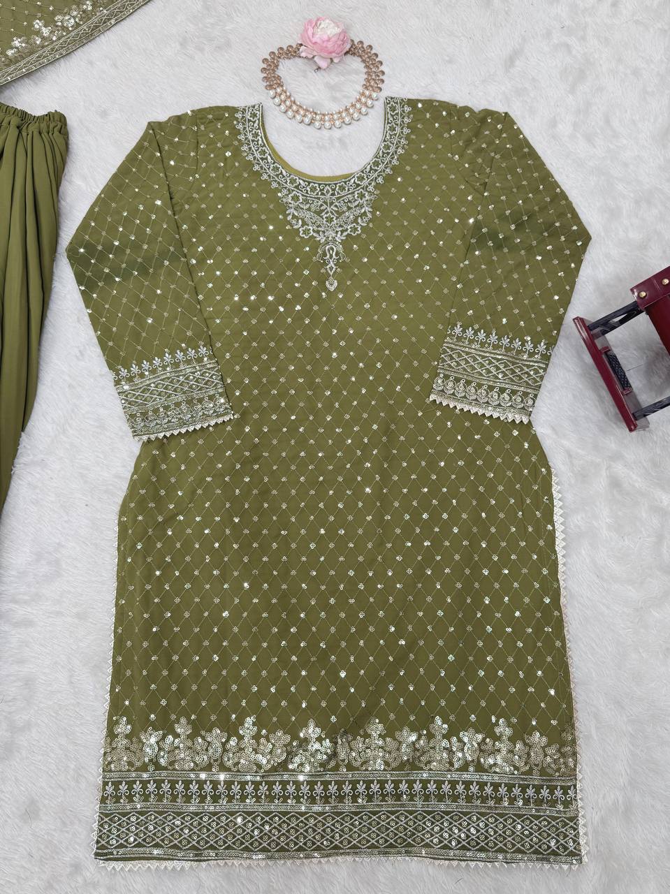 Mehendi Faux Georgette Embroidered Sharara Set with Lace Border Dupatta