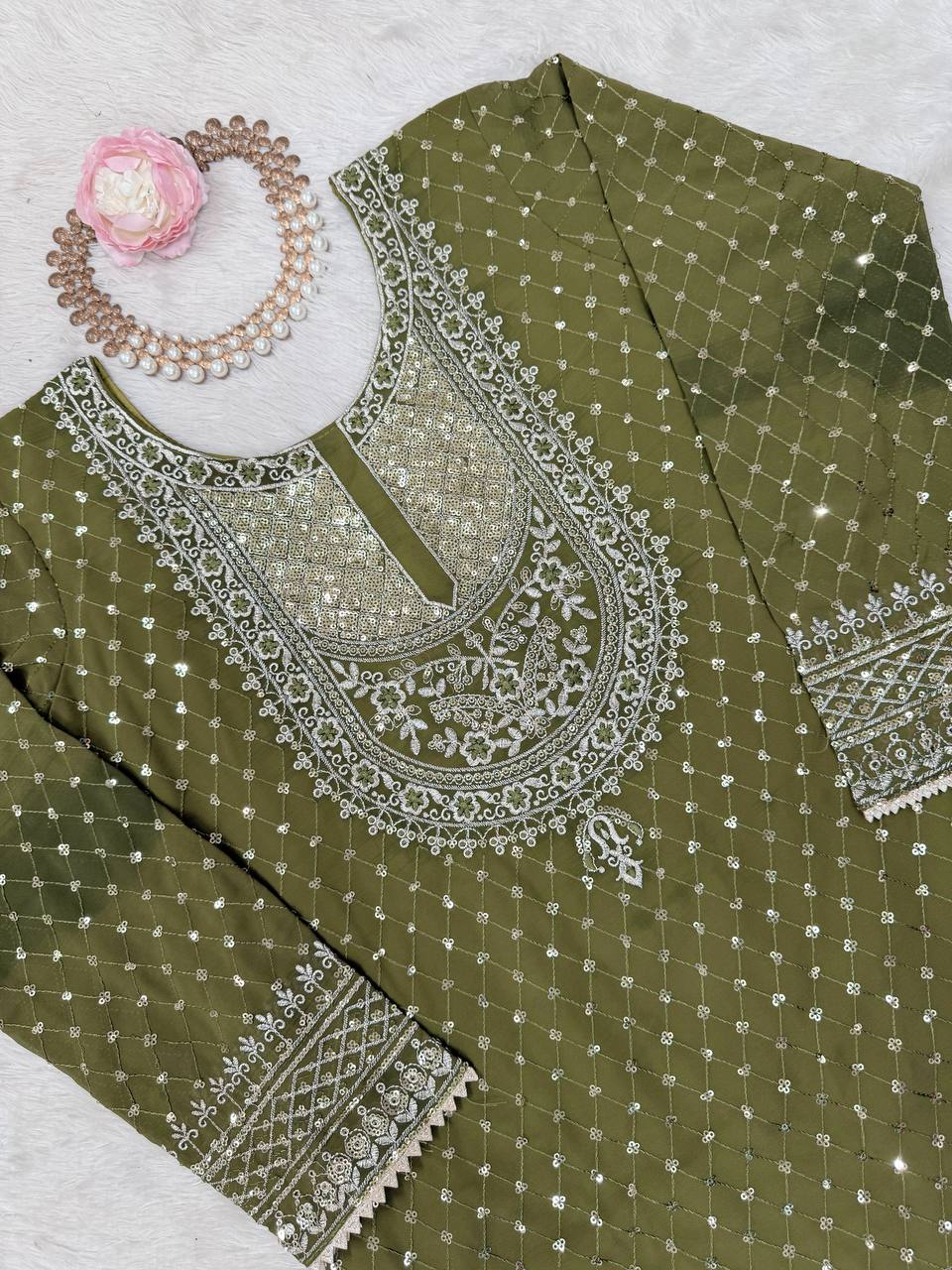 Mehendi Faux Georgette Embroidered Sharara Set with Lace Border Dupatta