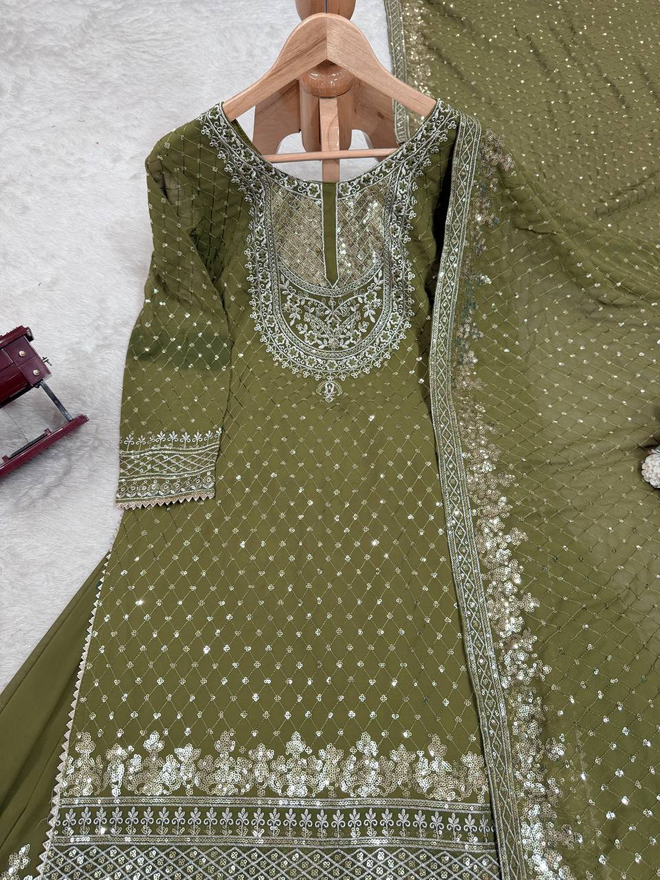 Mehendi Faux Georgette Embroidered Sharara Set with Lace Border Dupatta