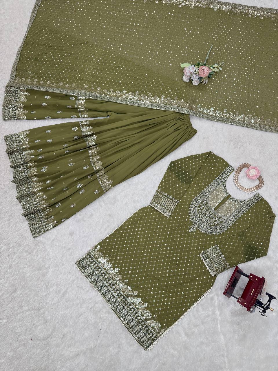 Mehendi Faux Georgette Embroidered Sharara Set with Lace Border Dupatta