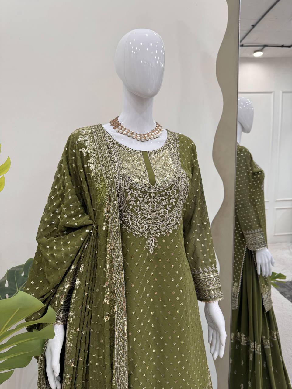 Mehendi Faux Georgette Embroidered Sharara Set with Lace Border Dupatta