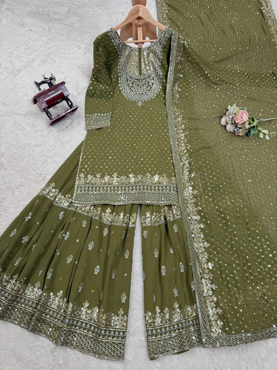 Mehendi Faux Georgette Embroidered Sharara Set with Lace Border Dupatta
