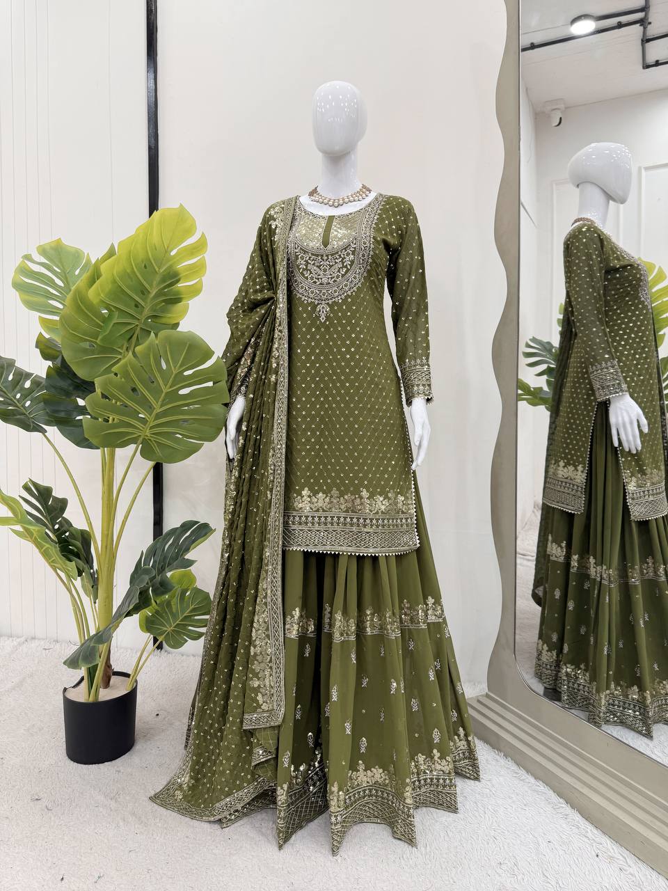 Mehendi Faux Georgette Embroidered Sharara Set with Lace Border Dupatta