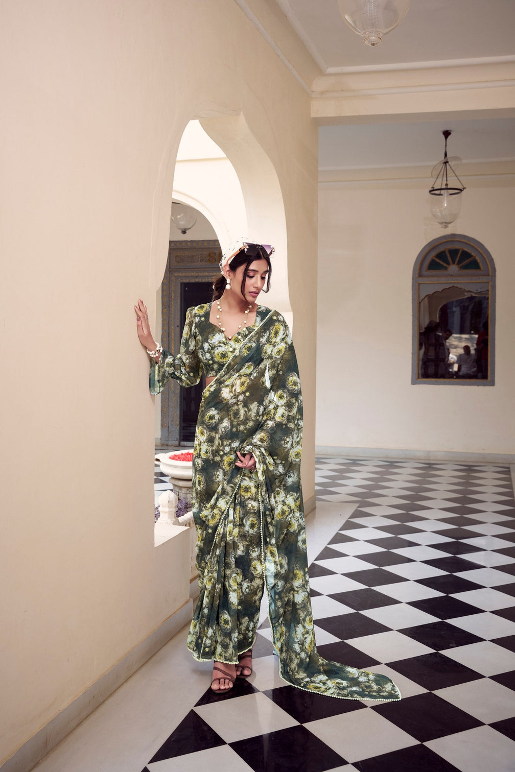 Mehendi Floral Printed Weightless Marble Saree with Pearl Lace Border