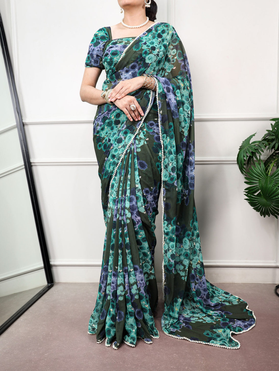 Mehendi Floral Saree with Pearl Lace