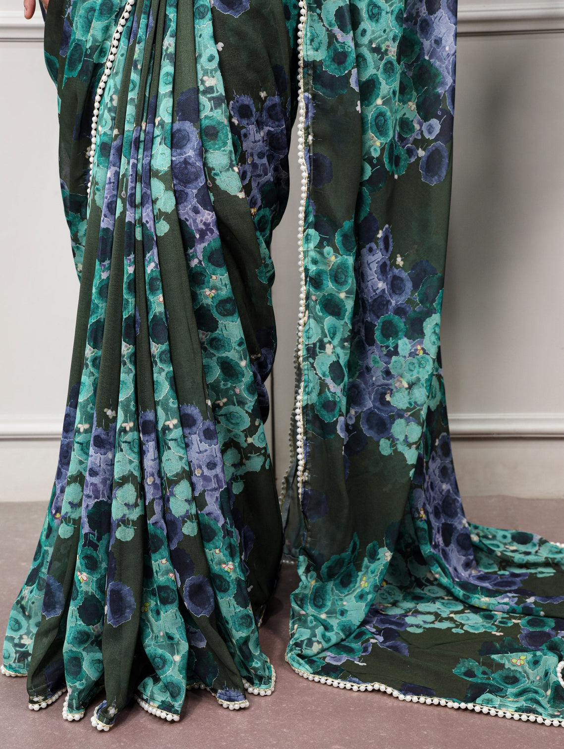 Mehendi Floral Saree with Pearl Lace
