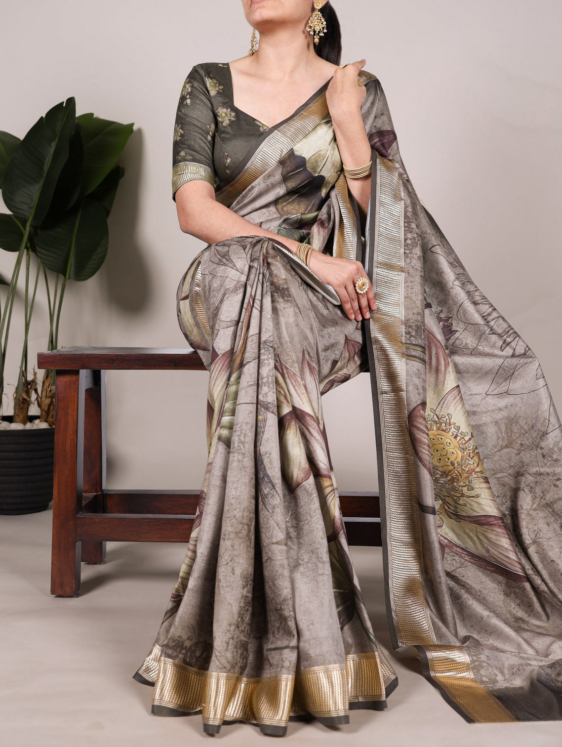 Mehendi Graceful Tussar Silk Printed Saree with Viscose Border
