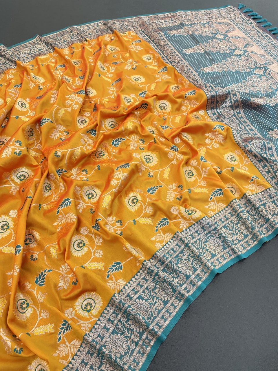 Opulent orange banarasi soft silk saree with rose gold zari