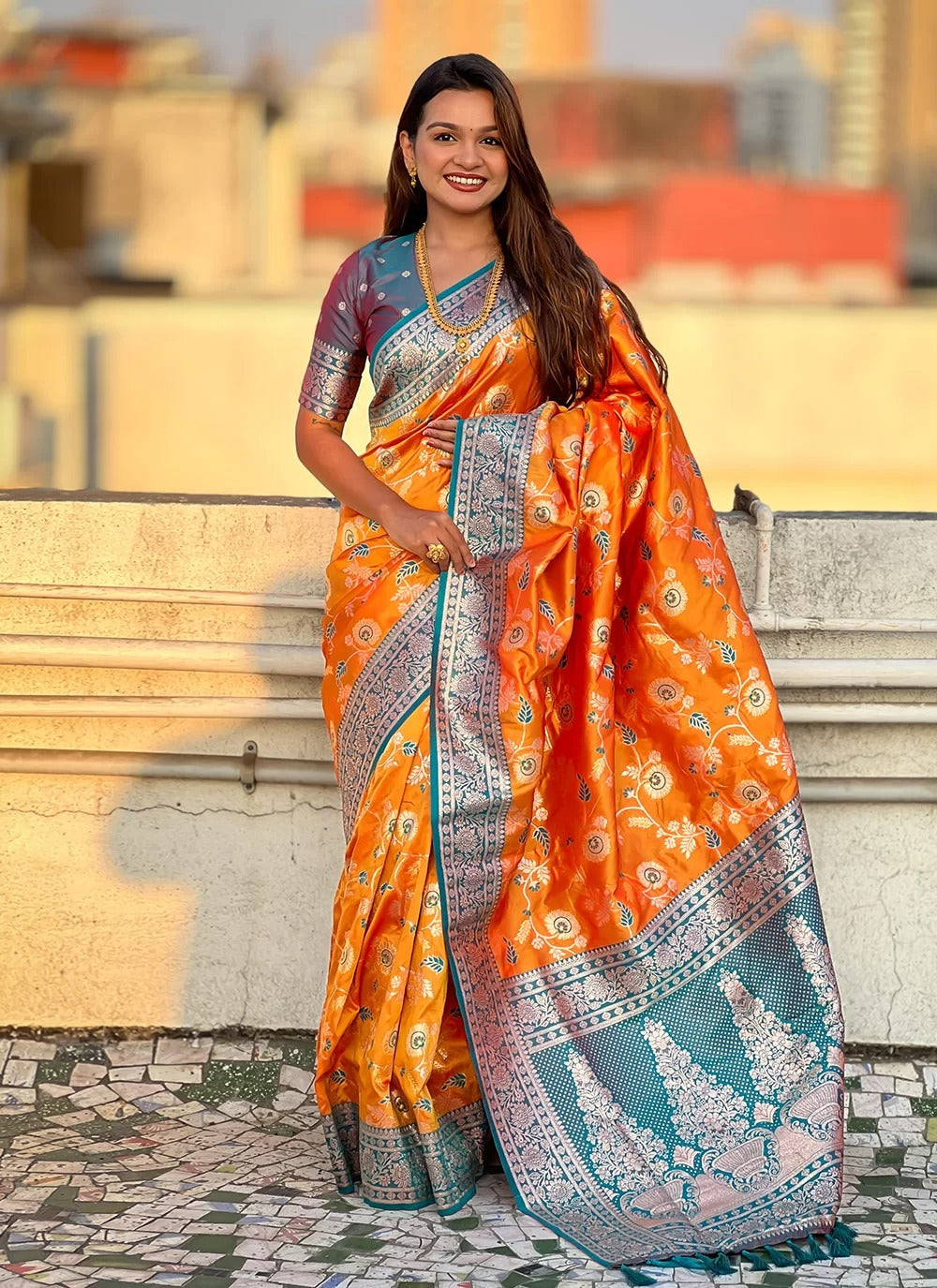 Opulent orange banarasi soft silk saree with rose gold zari