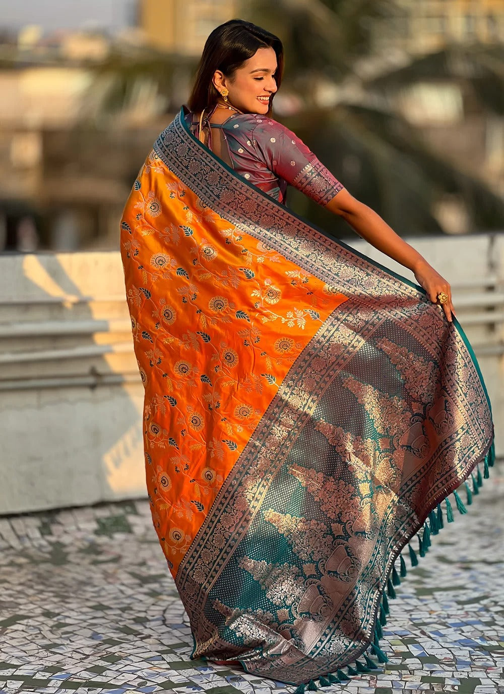 Opulent orange banarasi soft silk saree with rose gold zari