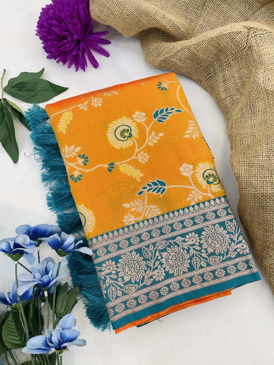 Opulent orange banarasi soft silk saree with rose gold zari