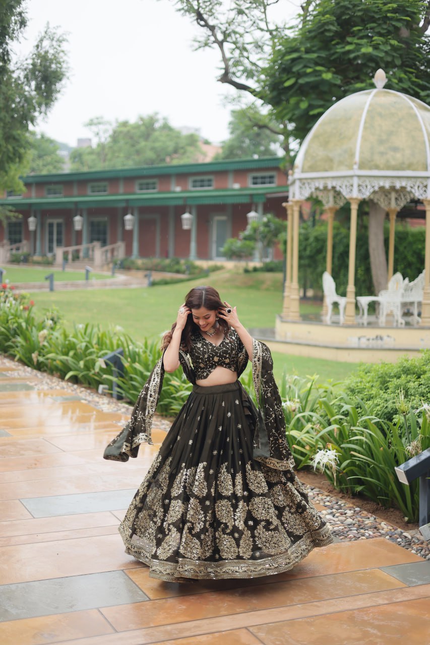 Mehendi Green Designer Lehenga Choli Set with Dupatta – Rangoli Silk & Embroidered Elegance
