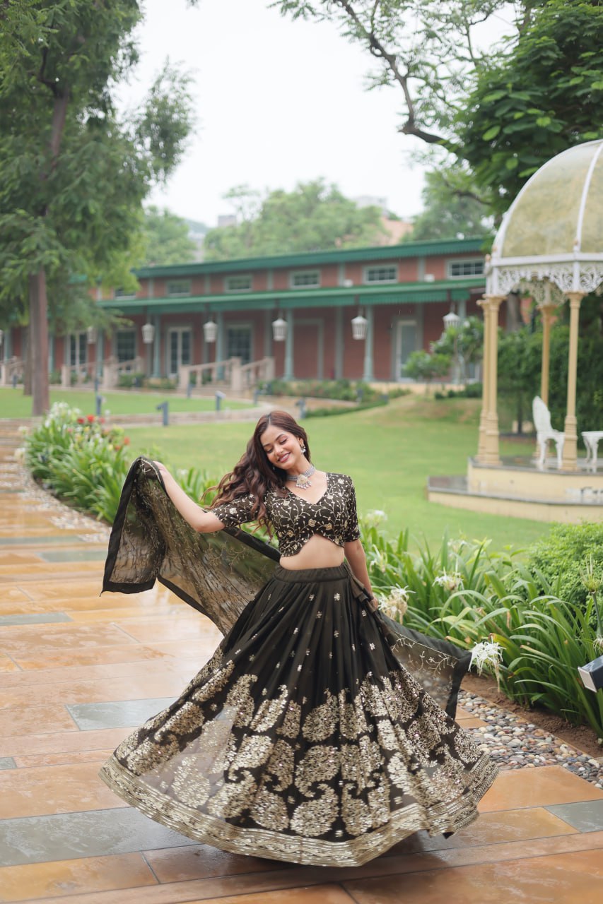 Mehendi Green Designer Lehenga Choli Set with Dupatta – Rangoli Silk & Embroidered Elegance