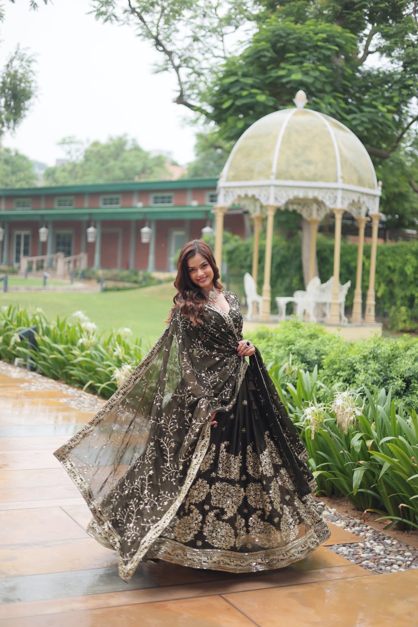 Mehendi Green Designer Lehenga Choli Set with Dupatta – Rangoli Silk & Embroidered Elegance