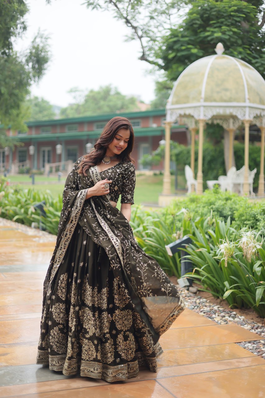 Mehendi Green Designer Lehenga Choli Set with Dupatta – Rangoli Silk & Embroidered Elegance