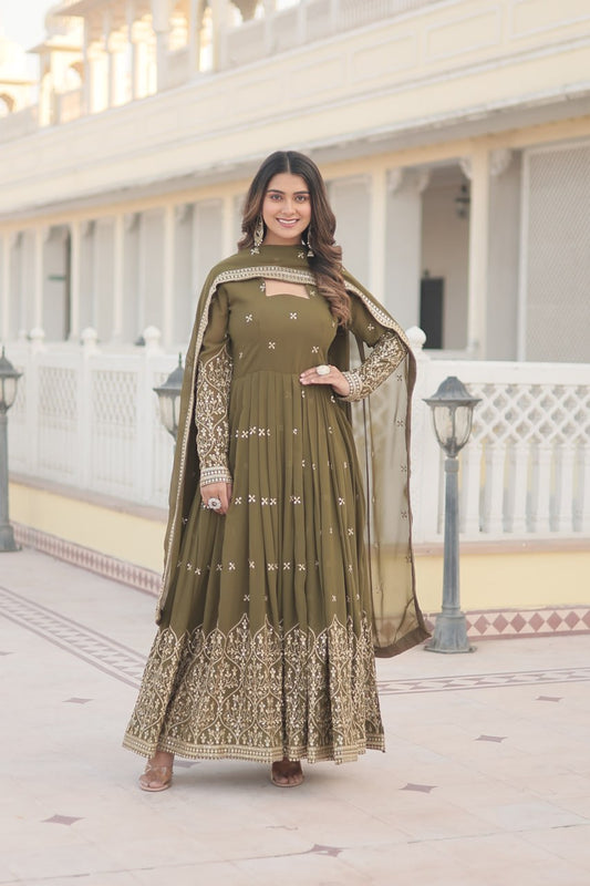 Mehendi Green Enchanting Sequined Faux Georgette Gown with Dupatta Set