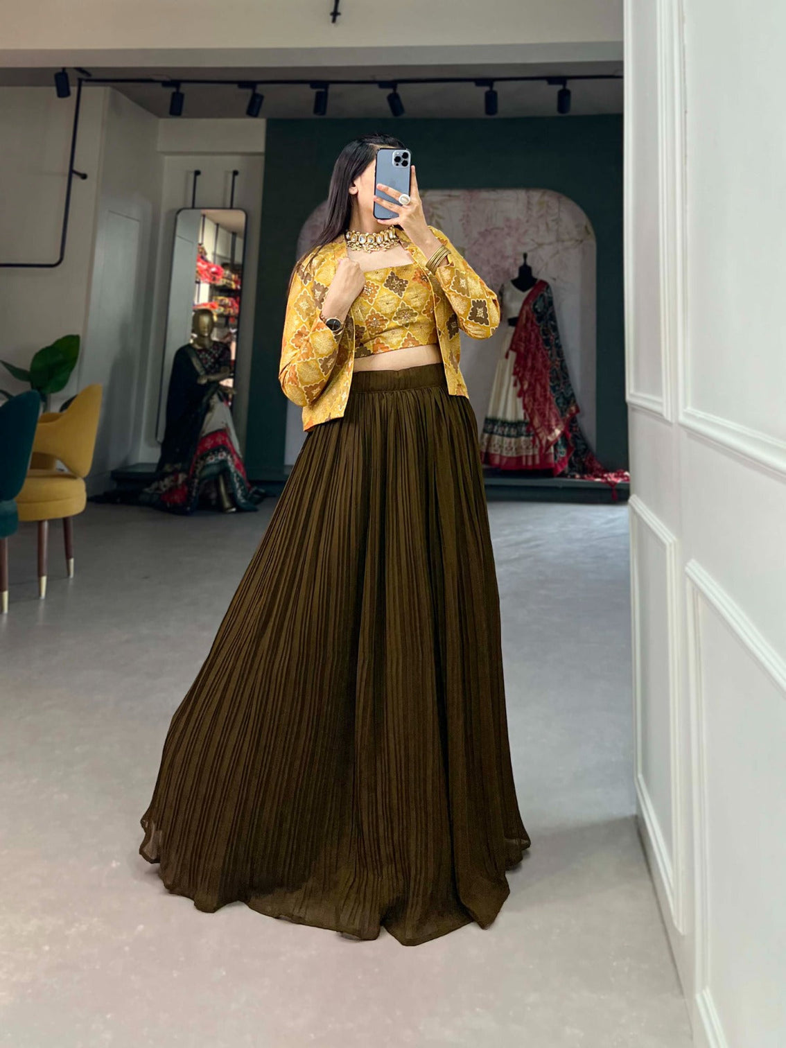 Luxe Viscose Mehendi Green Jacquard Co-ord Set with Handwork & Position Print