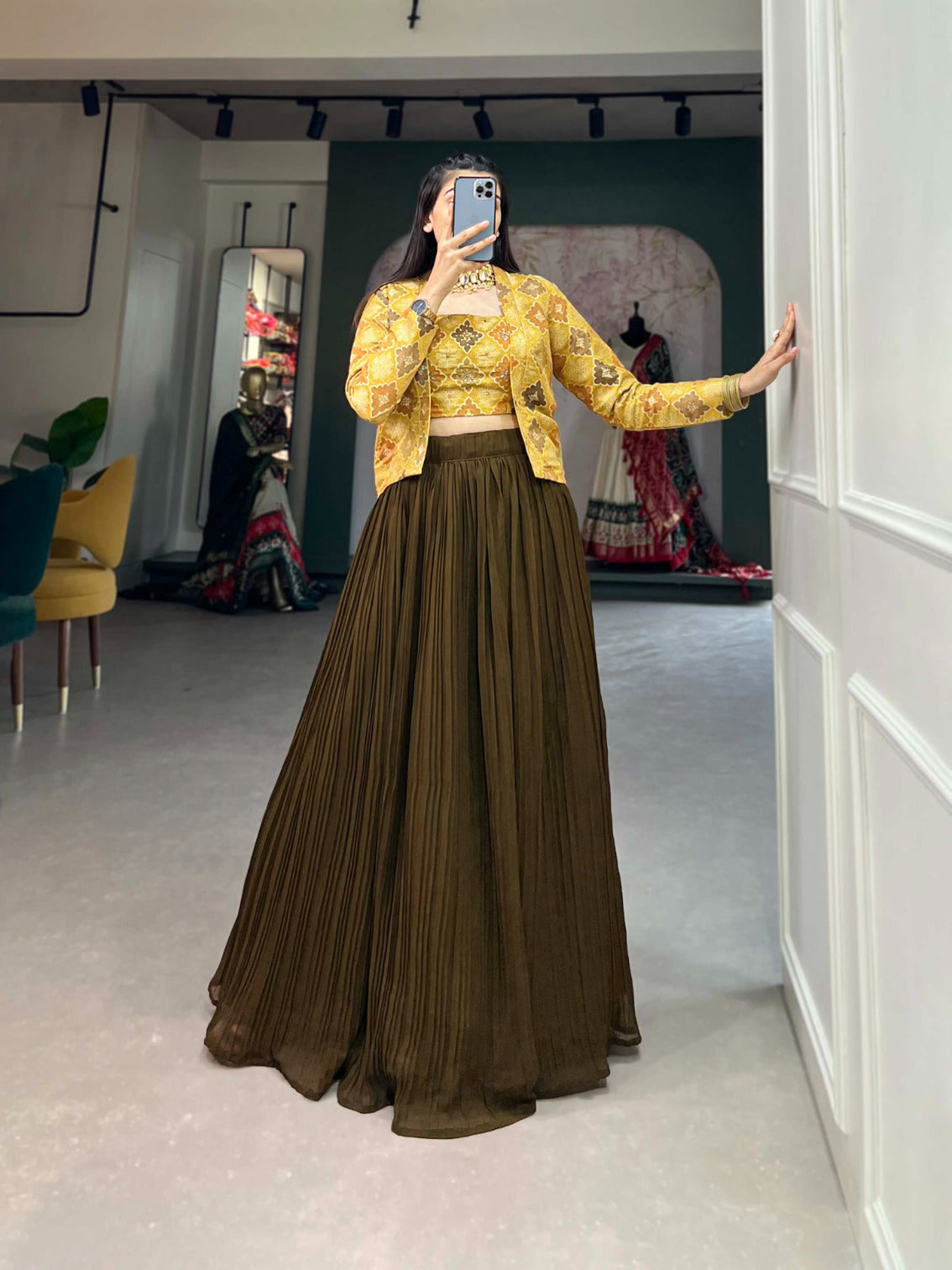 Luxe Viscose Mehendi Green Jacquard Co-ord Set with Handwork & Position Print