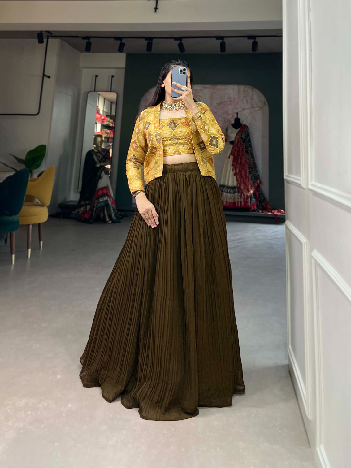 Luxe Viscose Mehendi Green Jacquard Co-ord Set with Handwork & Position Print