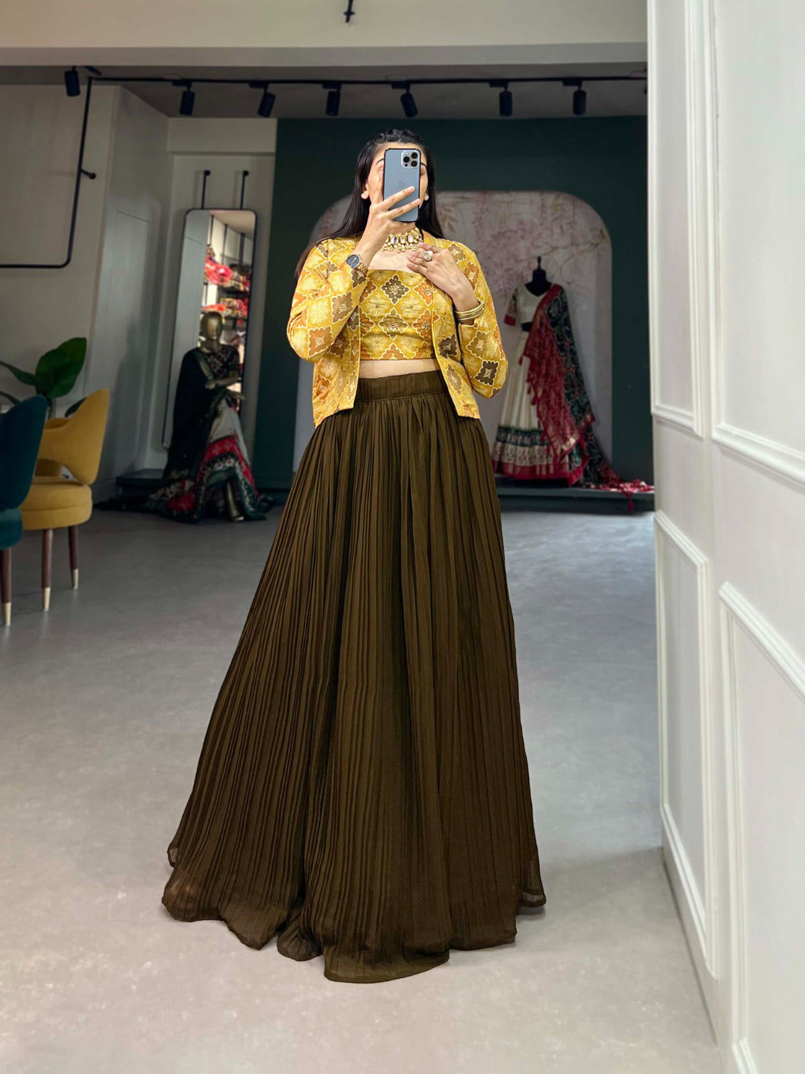 Luxe Viscose Mehendi Green Jacquard Co-ord Set with Handwork & Position Print