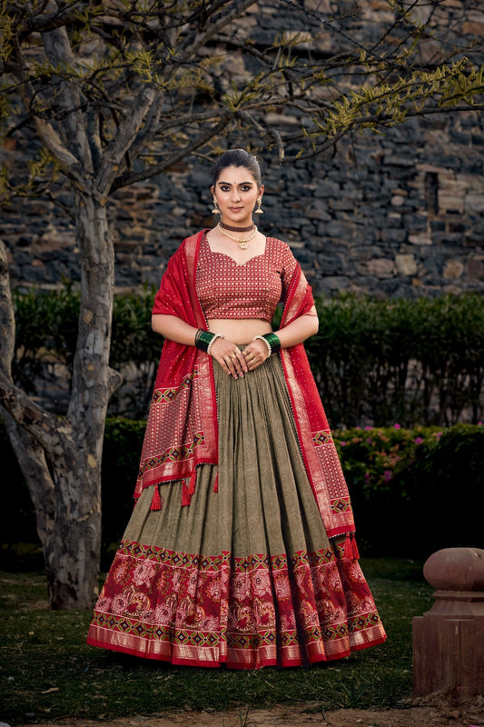 Mehendi Green Tussar Silk Lehenga Choli with Exquisite Foil Print Florals