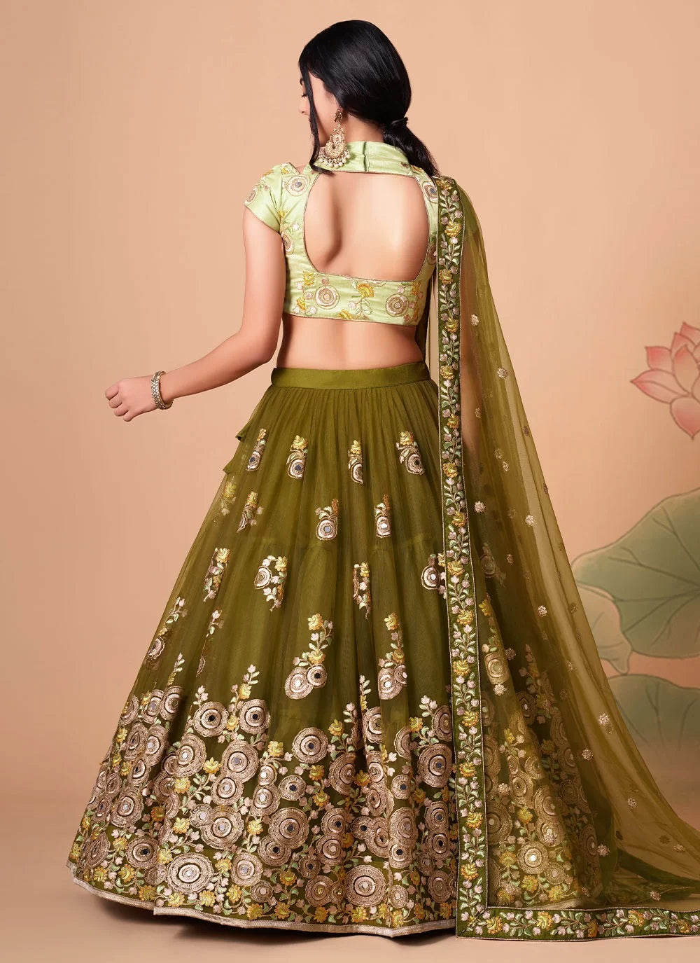 Mehendi net sequins embroidery and mirror work lehenga