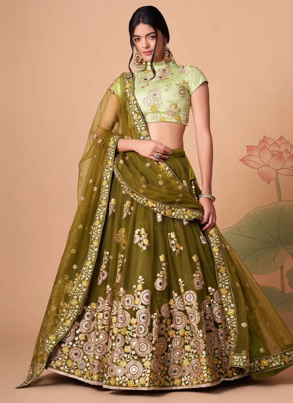 Mehendi net sequins embroidery and mirror work lehenga