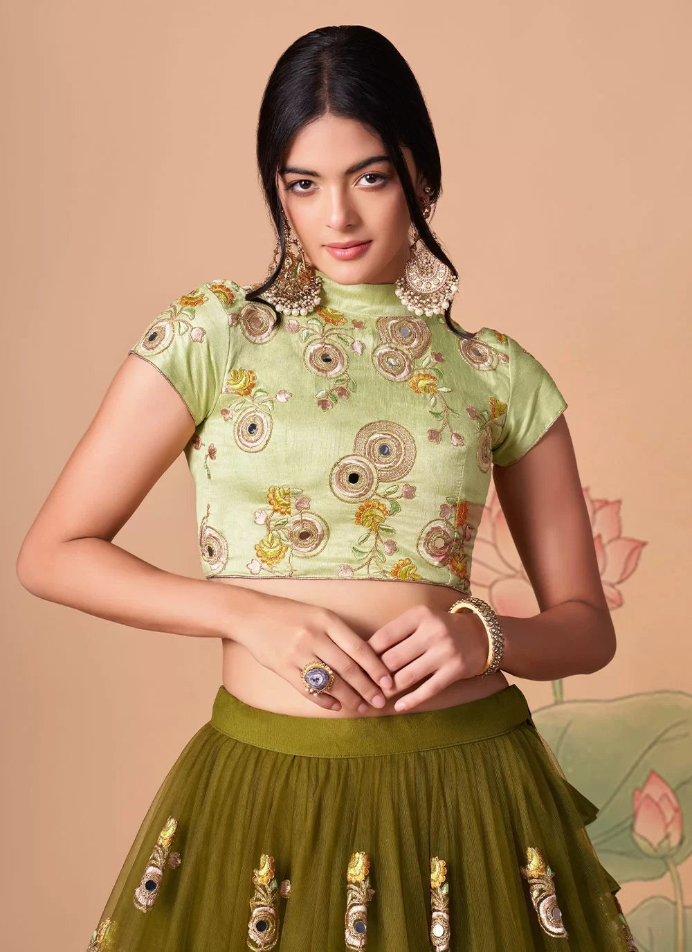 Mehendi net sequins embroidery and mirror work lehenga