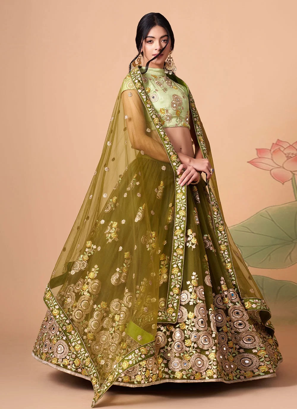 Mehendi net sequins embroidery and mirror work lehenga