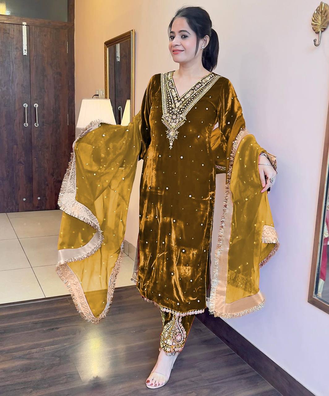 Mehendi Premium Designer Party Wear Velvet Top, Palazzo & Dupatta Set
