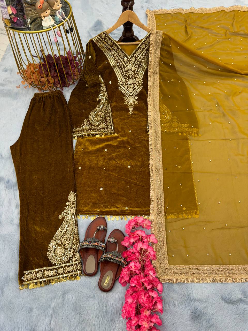 Mehendi Premium Designer Party Wear Velvet Top, Palazzo & Dupatta Set