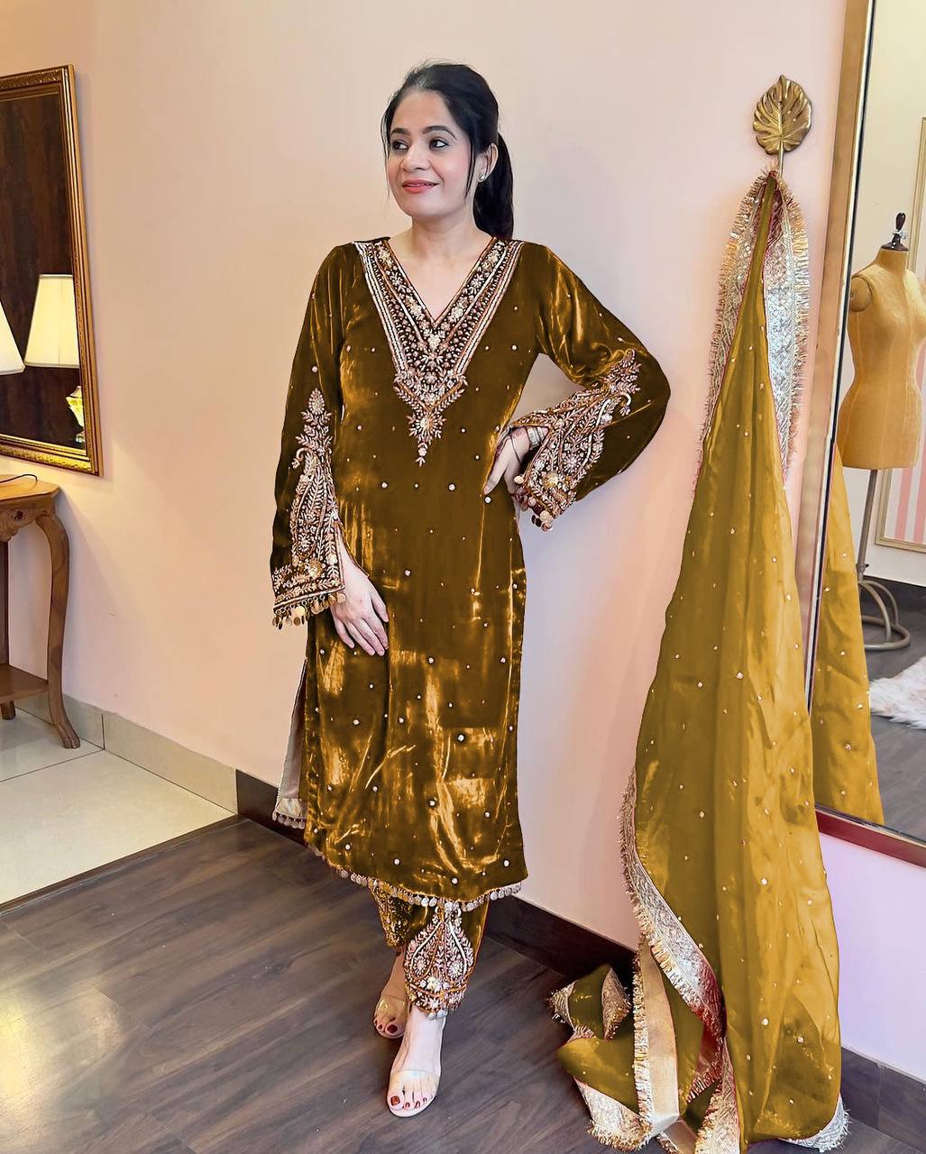 Mehendi Premium Designer Party Wear Velvet Top, Palazzo & Dupatta Set