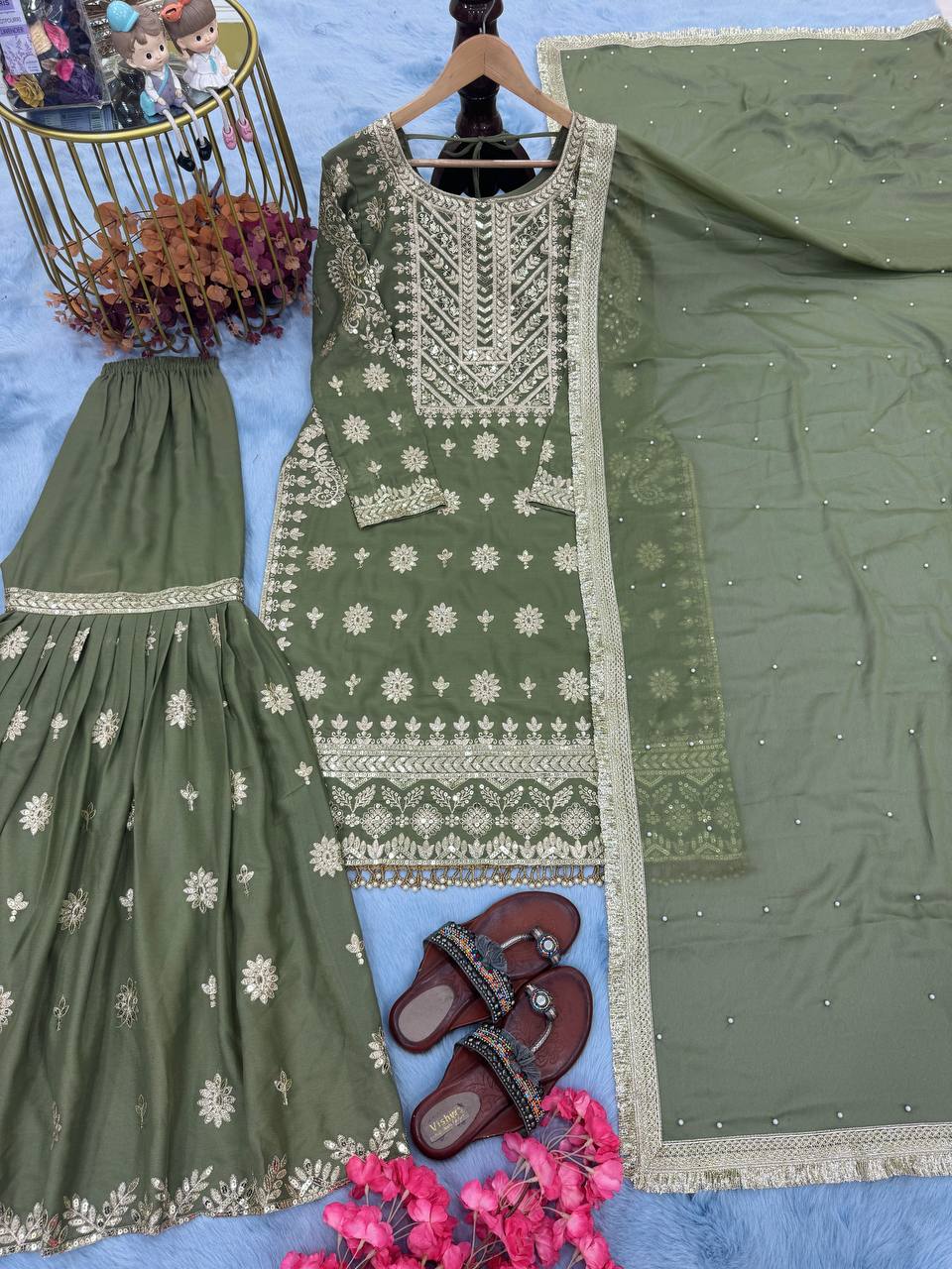 Mehendi Premium Designer Readymade Georgette Top, Sharara, Dupatta Set