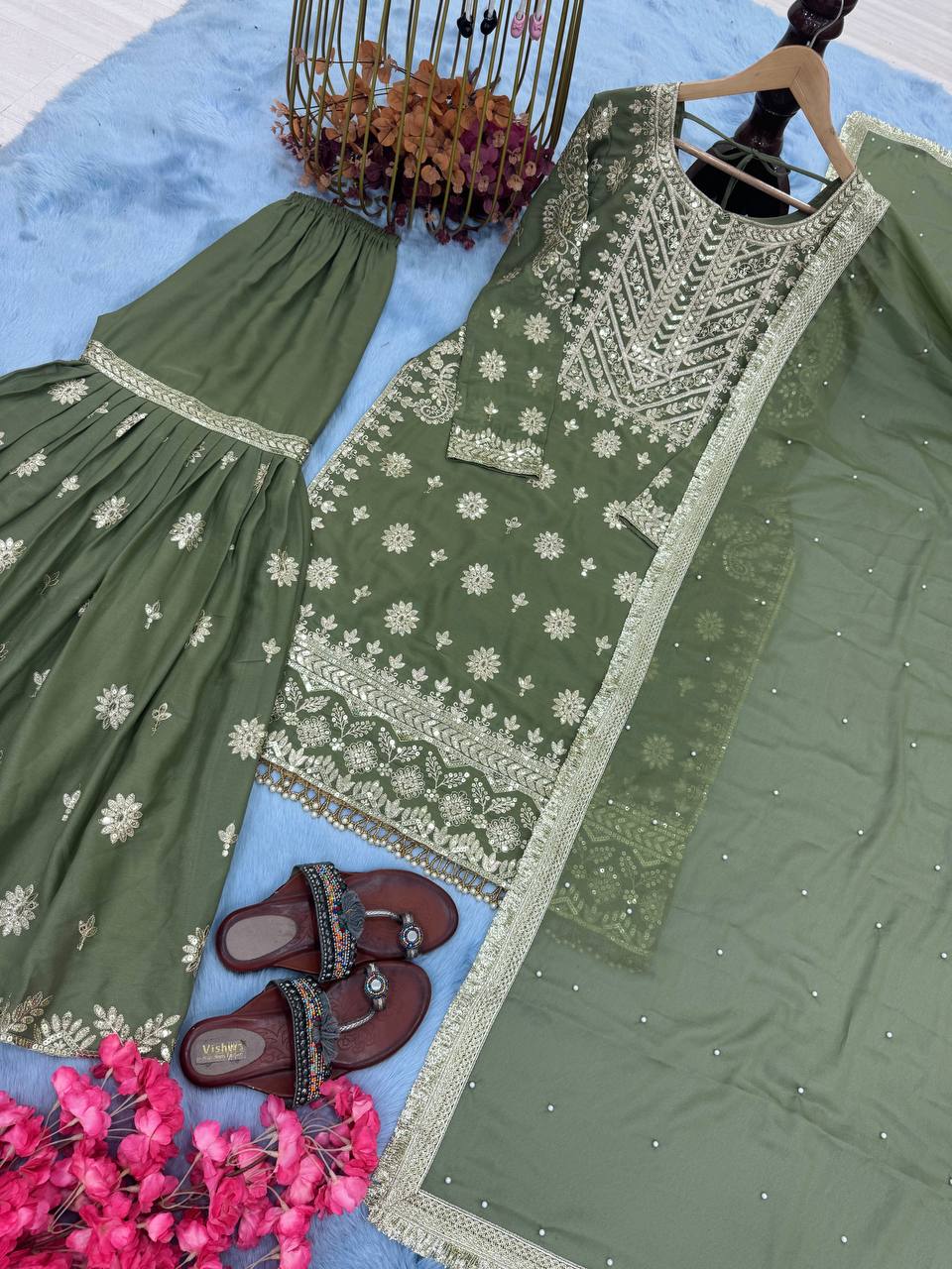 Mehendi Premium Designer Readymade Georgette Top, Sharara, Dupatta Set