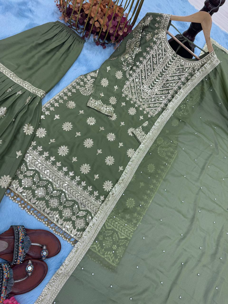 Mehendi Premium Designer Readymade Georgette Top, Sharara, Dupatta Set