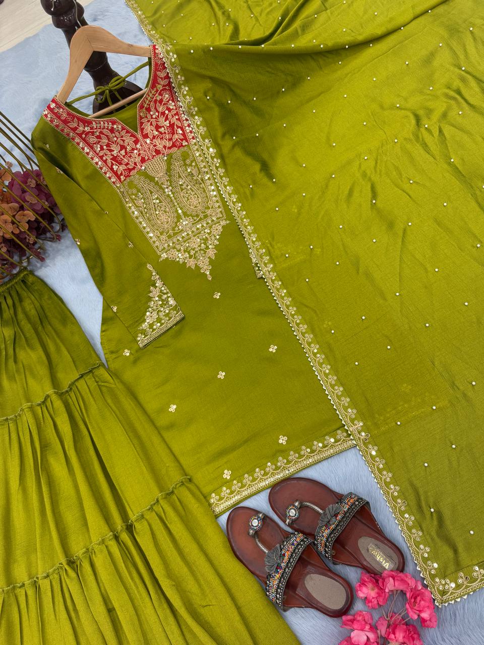 Mehendi Premium Designer Readymade Top Sharara Plazzo & Dupatta Collection
