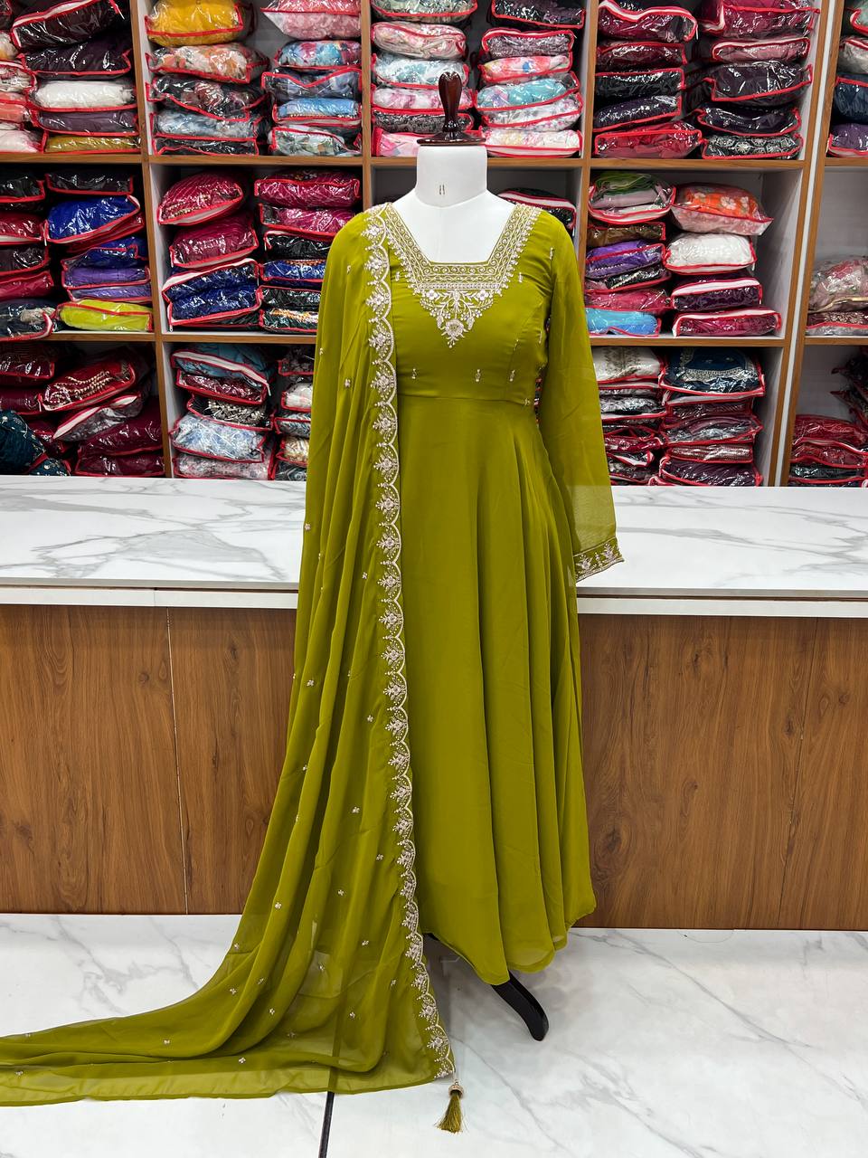 Mehendi Premium Soft Fox Georgette Fully Flared Anarkali Set with Dupatta & Pant