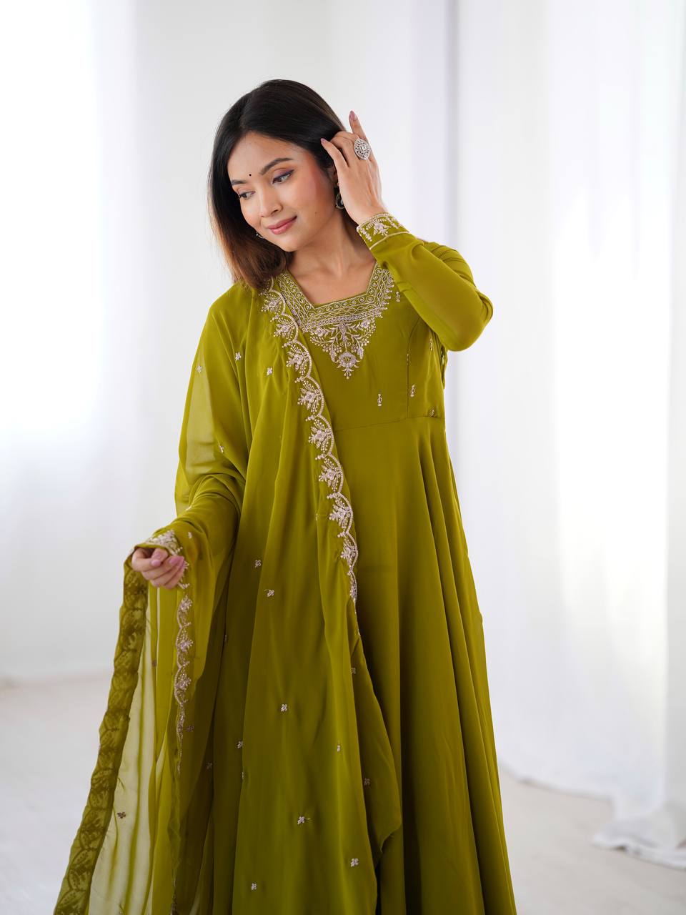 Mehendi Premium Soft Fox Georgette Fully Flared Anarkali Set with Dupatta & Pant