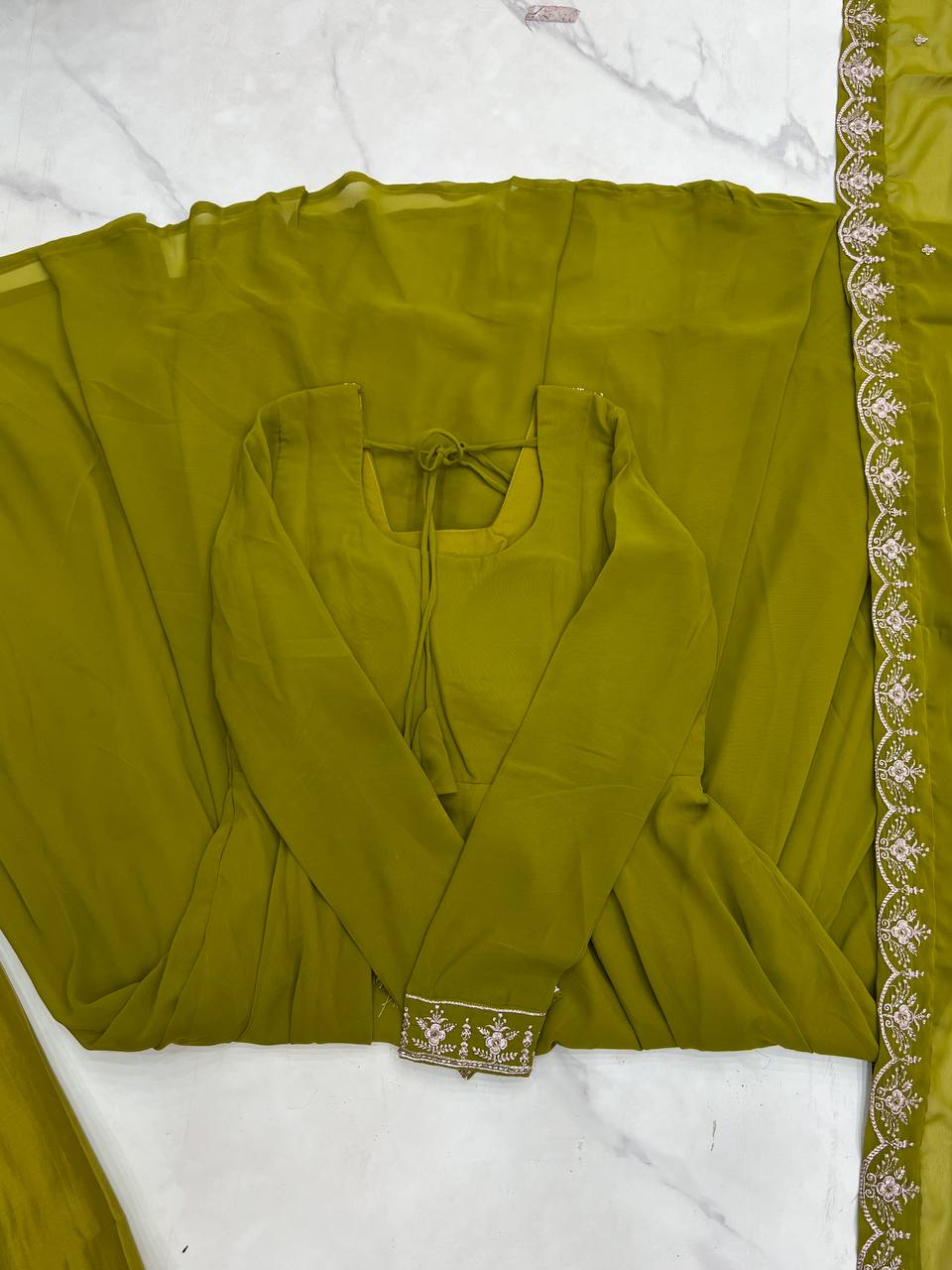 Mehendi Premium Soft Fox Georgette Fully Flared Anarkali Set with Dupatta & Pant
