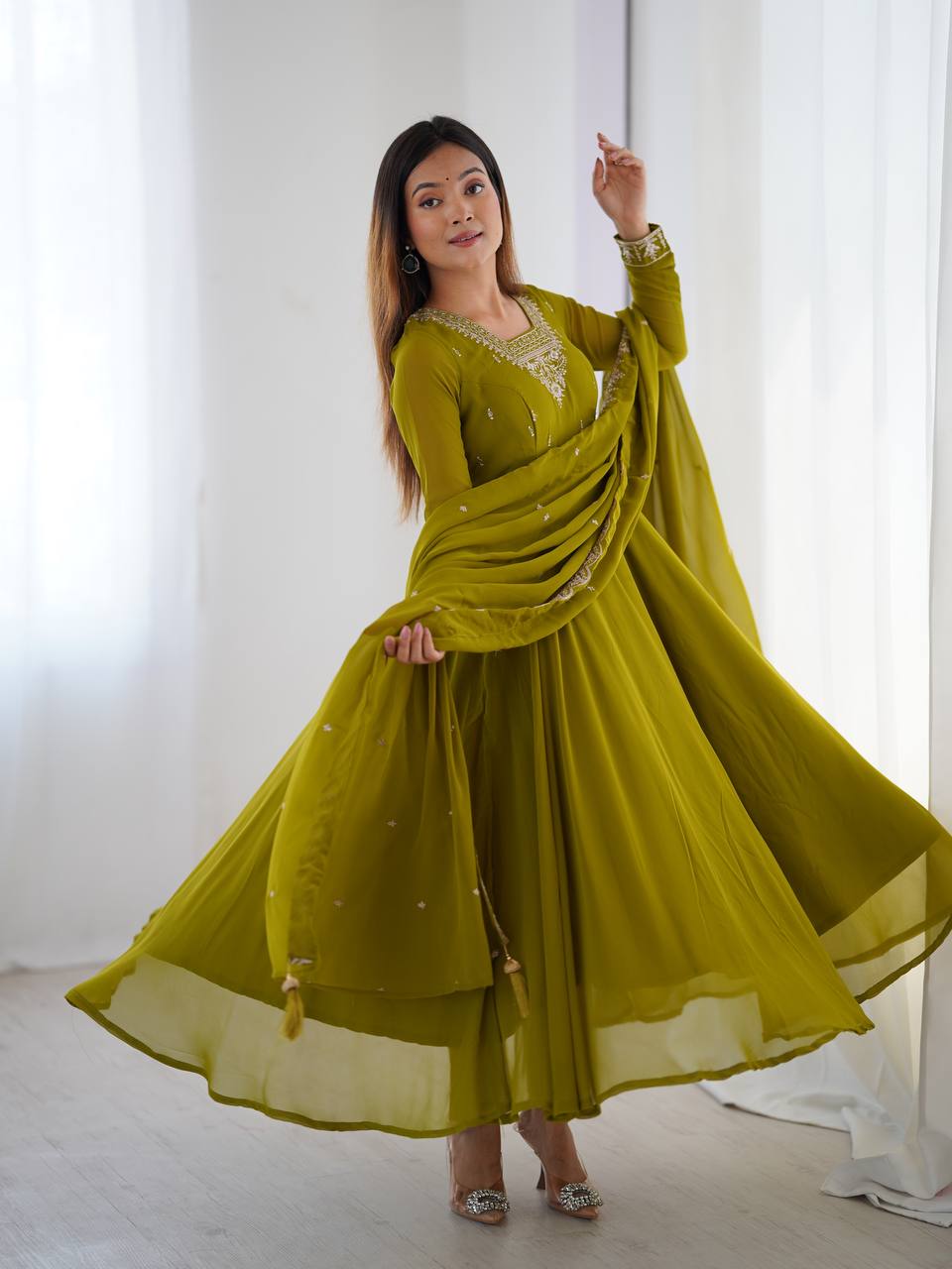 Mehendi Premium Soft Fox Georgette Fully Flared Anarkali Set with Dupatta & Pant