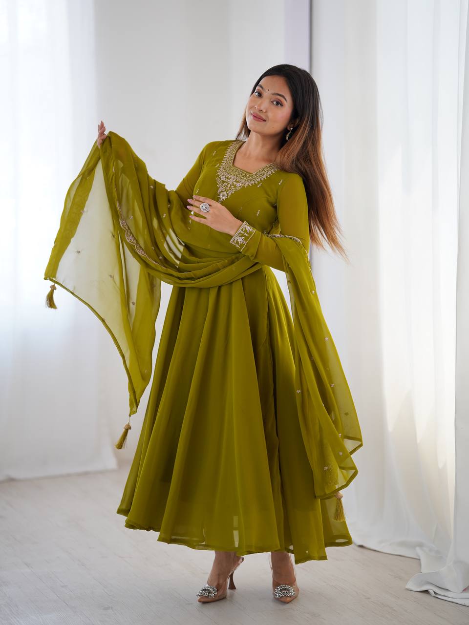 Mehendi Premium Soft Fox Georgette Fully Flared Anarkali Set with Dupatta & Pant