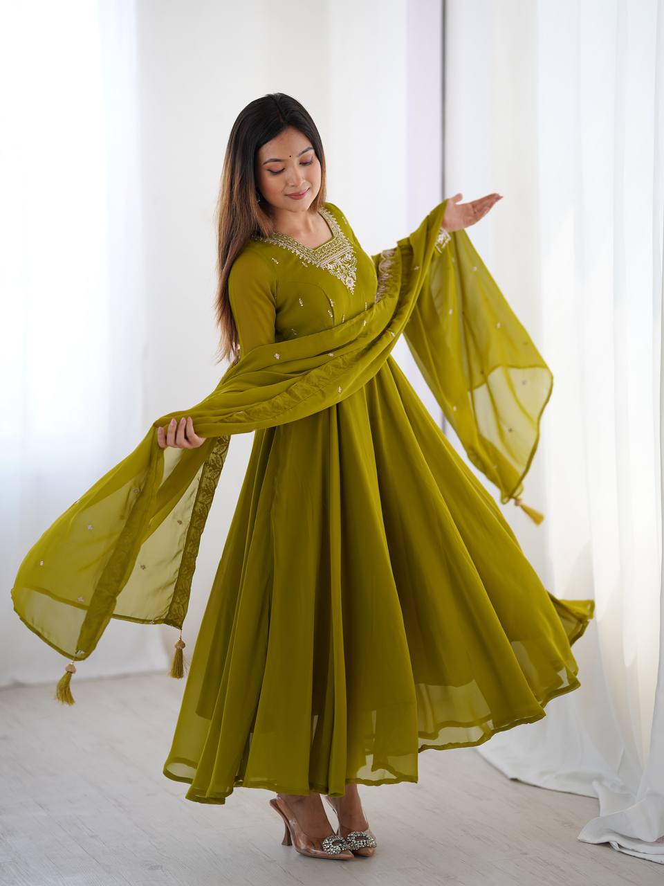 Mehendi Premium Soft Fox Georgette Fully Flared Anarkali Set with Dupatta & Pant