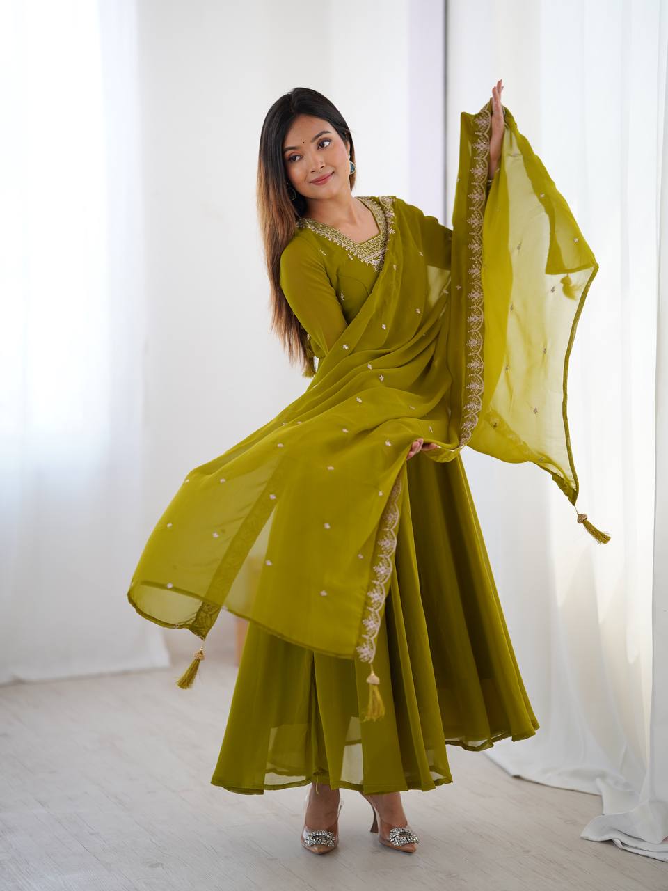 Mehendi Premium Soft Fox Georgette Fully Flared Anarkali Set with Dupatta & Pant